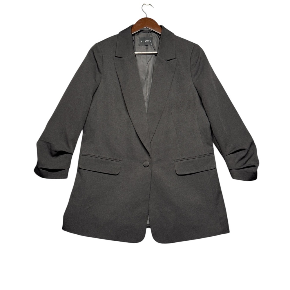 ET VOUS Women's Ruched Sleeve Blazer Size 12 Black‎ One Button Single Breasted
